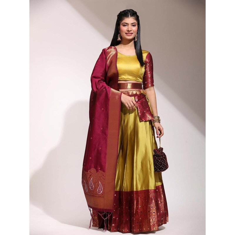 Fabcartz Zari Semi-Stitched Lehenga & Unstitched Blouse With Dupatta