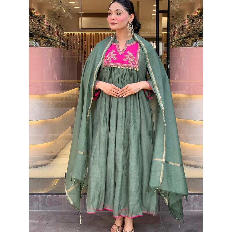 GoSriKi Floral Yoke Design Pleated Sequinned A-Line Kurta With Trousers & Dupatta