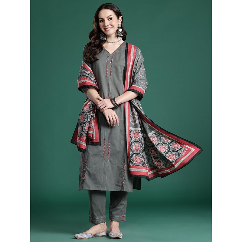 Indo Era Embroidered Thread Work Pure Cotton Kurta with Trousers & With Dupatta