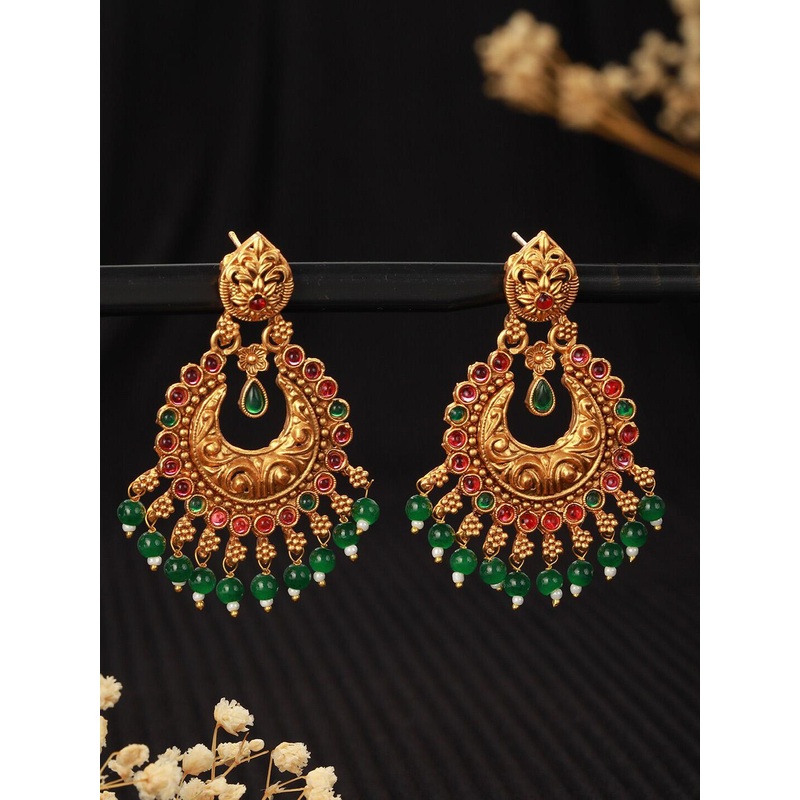 Jazz and Sizzle Gold-Plated Stone Studded & Beaded Contemporary Chandbalis Earrings