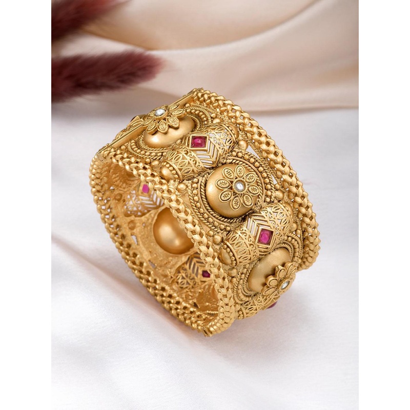 Peora Gold-Plated Synthetic Stone-Studded Thick Single Piece Openable Kada Bangle