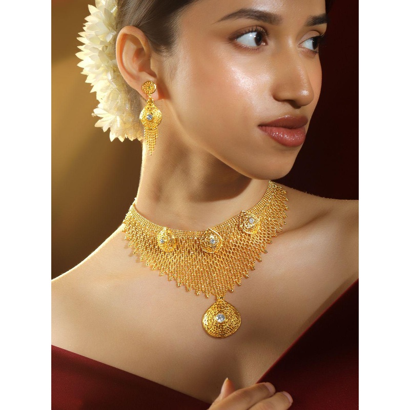 Rubans 18K Gold-Plated Filigree Mesh Dome & Fringe Accents Statement Necklace Set