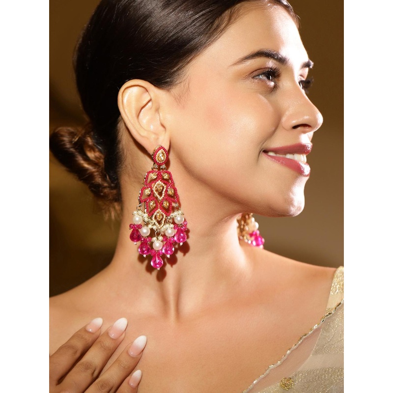 Rubans 22K Gold Plated Pink Stone & Kundan Studded Chandelier with Pearl & Bead Accents
