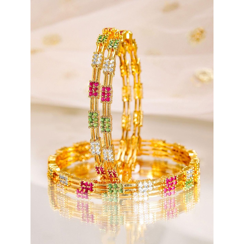 Rubans Set of 4, 22K Gold-Plated Multicolor Stone & Cubic Zirconia Handcrafted Bangles