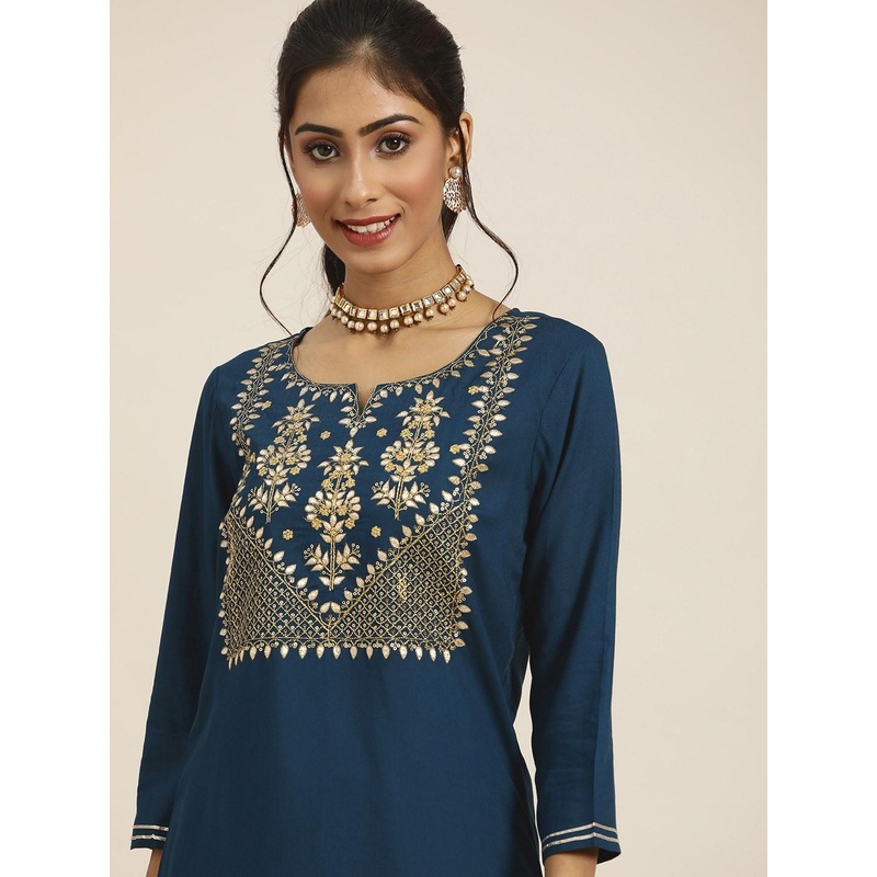 Sangria Women Teal Blue & Golden Gotta Patti Yoke Design Straight Kurta