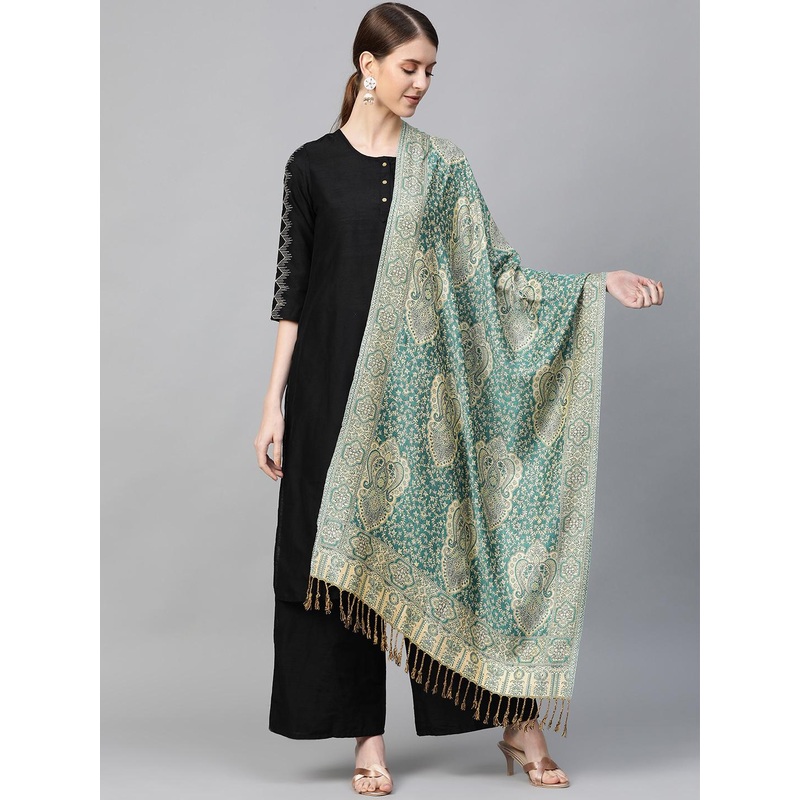 WEAVERS VILLA Women Green & Beige Woven Design Tasselled Stole