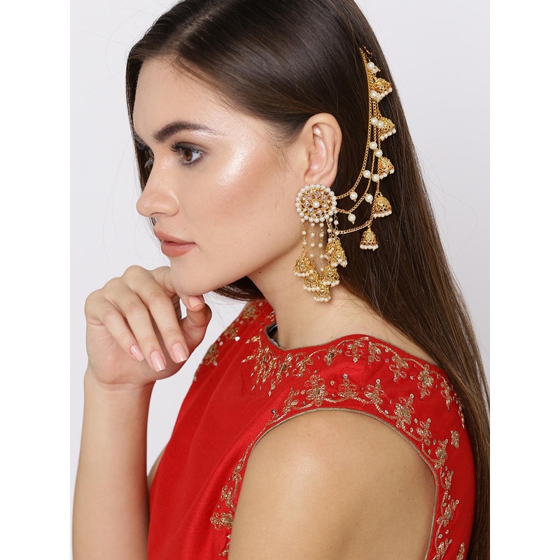 YouBella Off-White Gold-Plated Beaded Jhumkas with Ear Chains