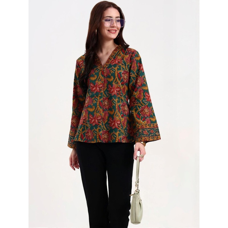 Yufta Floral Printed Flared Sleeve Cotton Top
