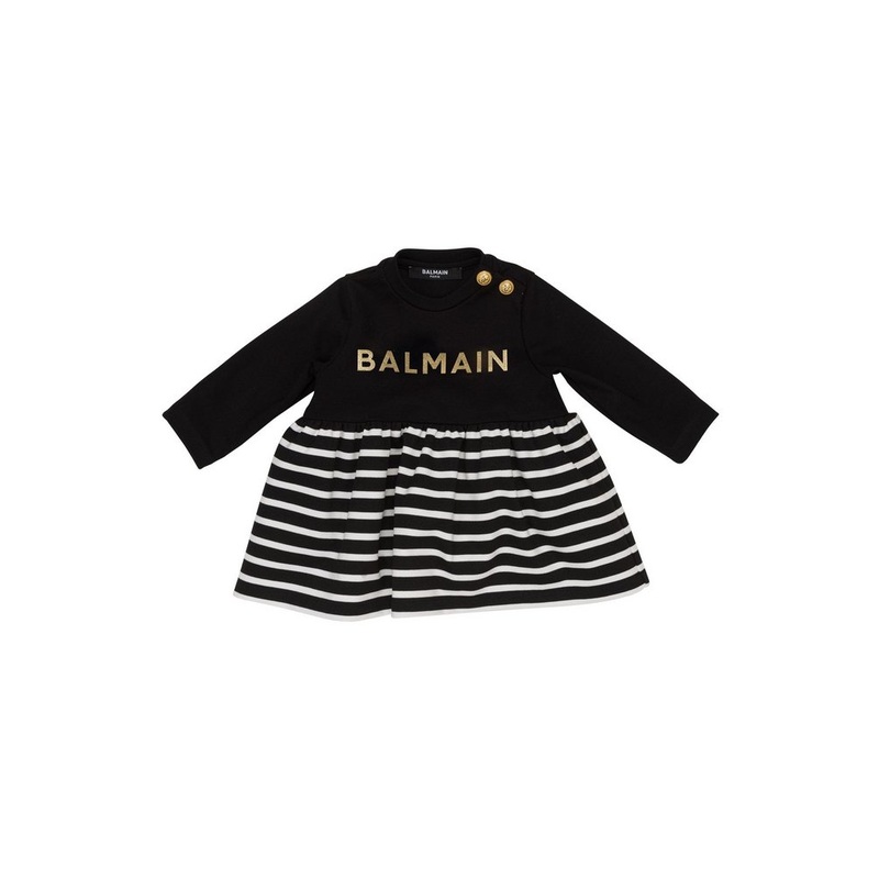 Balmain Kids Logo Printed Striped Crewneck Dress