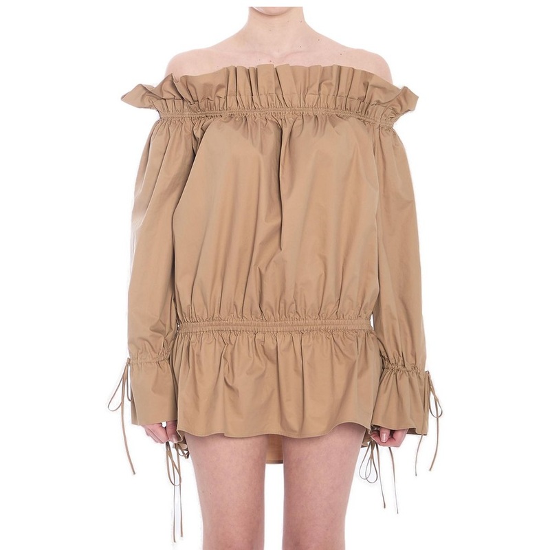 Saint Laurent Gathered Off-Shoulder Mini Dress