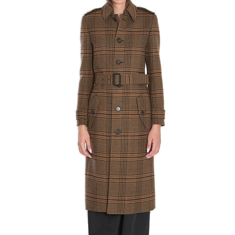 Saint Laurent Prince Of Wales Belted Long Coat