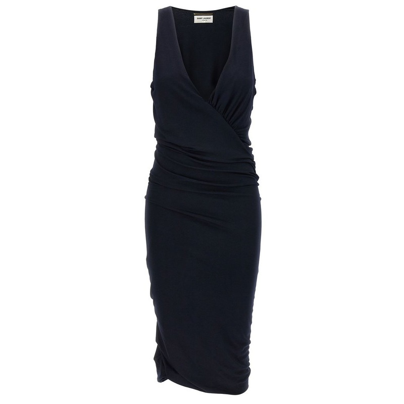 Saint Laurent Ruched V-Neck Sleeveless Dress