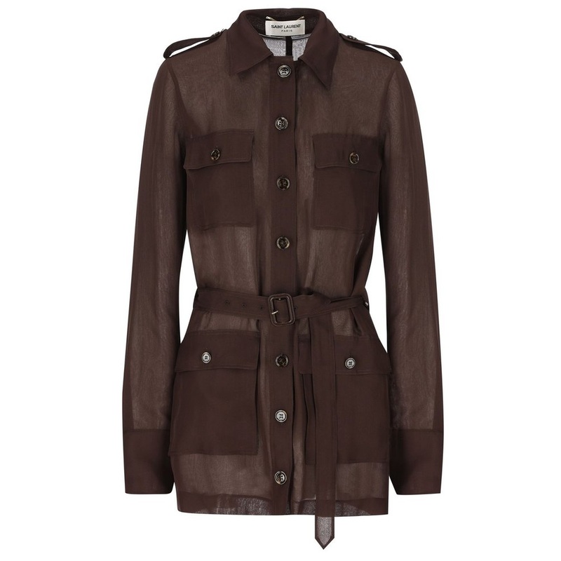 Saint Laurent Saharienne Belted Long-Sleeved Dress