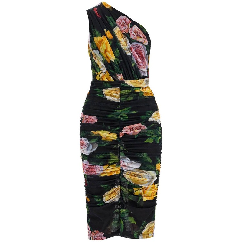 Dolce & Gabbana Floral Printed Asymmetric Neck Midi Dress
