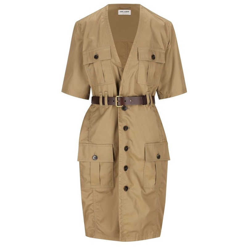 Saint Laurent Saharienne V-Neck Short-Sleeved Dress