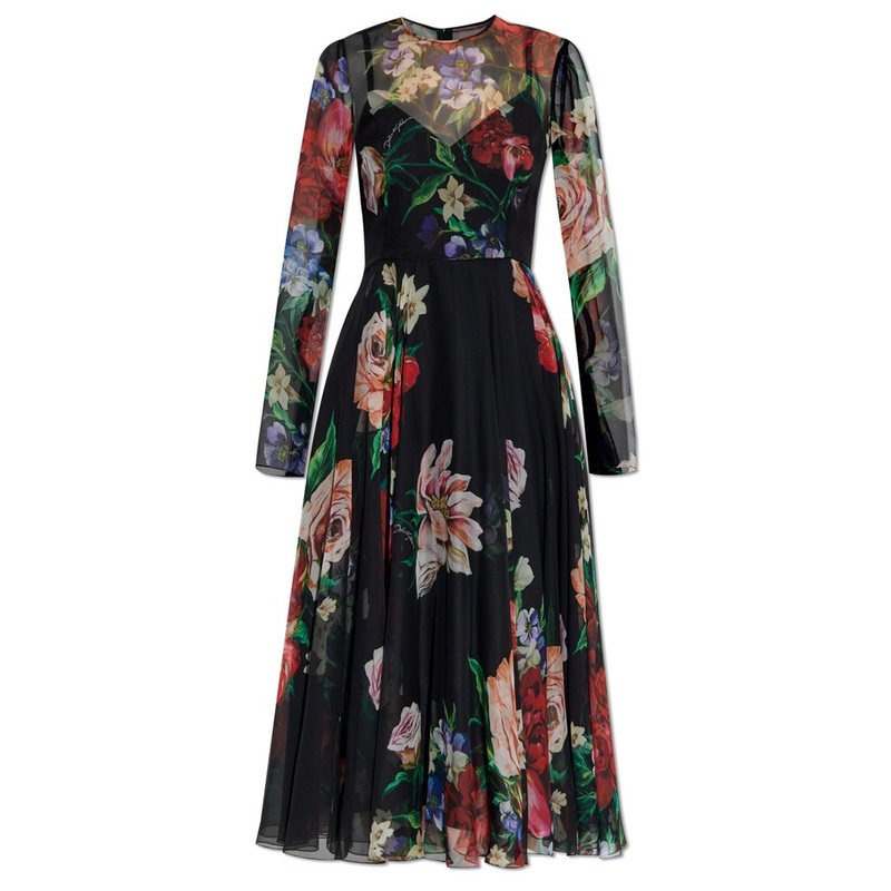Dolce & Gabbana Floral Printed Chiffon Calf-Length Dress